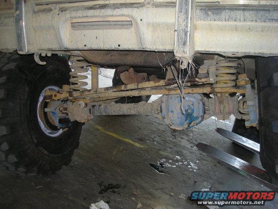 Underside of a vehicle showing the rear axle, springs, and tire. Forklift tines are visible near the axle