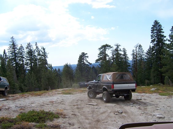 1991 Ford Bronco with a tan soft top driving on a dirt road in a forest