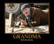 1973 Ford Ranchero - A humorous meme an elderly woman in a beret and jacket, aiming a machine gun.