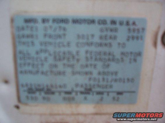 cert-label.jpg This is the cert label.  Has to be one of the last Torinos, July 1976.  When I pull the build sheet maybe I'll find out it was built on my birthday, the 18th, just two years earlier!  We'll see...but the trans code is X (FMX) and the axle code is 2 (non-locking 2.75:1, best possible for mileage and will be stellar with an AOD later).