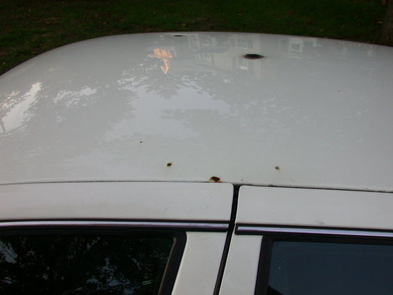White car roof with rust spots and reflections of houses and trees