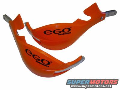 Pair of orange Ego handguards with black lettering, mounted on metal brackets