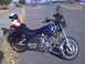1982 Yamaha Virago - A blue motorcycle with flame decals and saddlebags is parked on the side of a road.