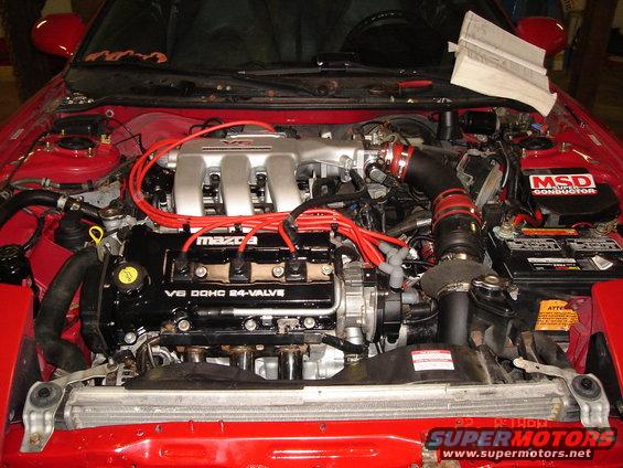 Mazda V6 DOHC 24-Valve engine with red spark plug wires and MSD ignition
