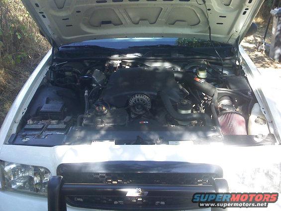 White 2000 Ford Crown Victoria engine bay with hood open, showing engine, battery, and aftermarket air intake