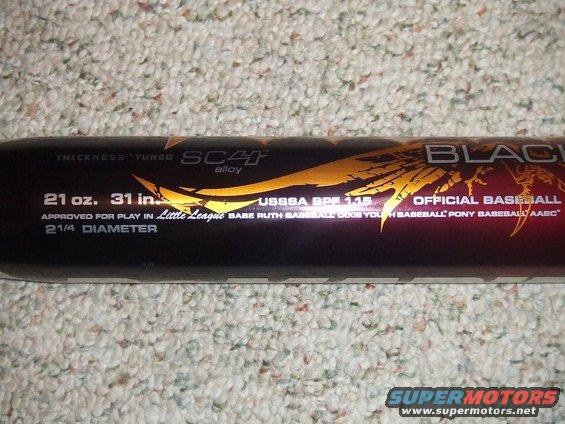 Black baseball bat with gold graphics, 21 oz, 31 in, 2 1/4 diameter