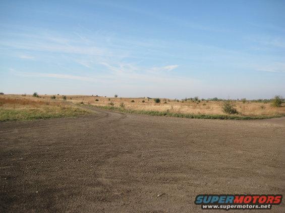 Dirt road curves through a dry, grassy field with scattered bushes under a blue sky
