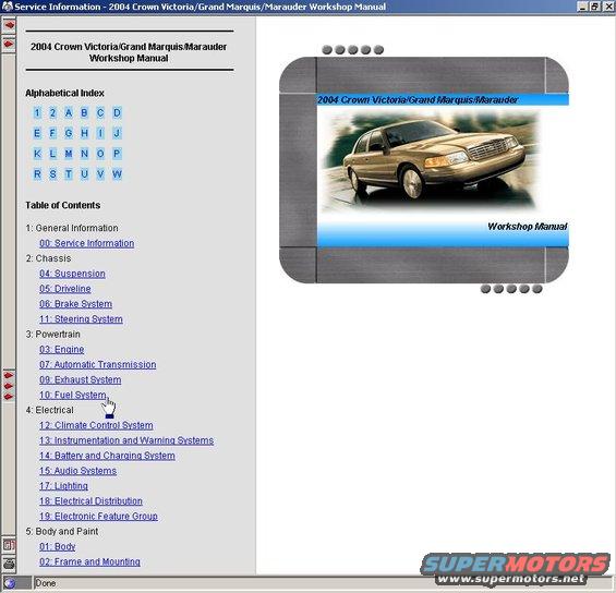 servicedvdinstall15.jpg After locating the desired data heading in the dialogue box, the box & the left panel are hidden (note the 3 SHOW/HIDE arrows pointing inward), leaving the data window in full-screen.

In this example, information on '04 Crown Vic adjustable pedal removal is being sought.