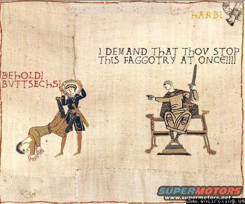 Tapestry depicting two figures, one standing over another, with text in Old English and Latin