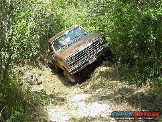 Brown Ford Bronco navigating a muddy trail with trees on either side