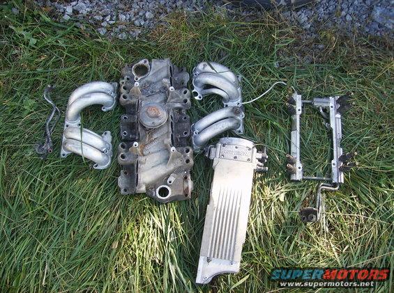 Disassembled engine components including intake manifold, fuel rail, and throttle body laid out on grass