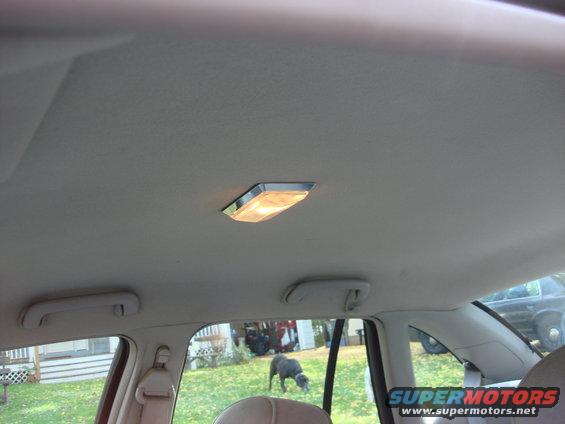 Interior of a 2003 Ford Crown Victoria showing the headliner, dome light, and a glimpse of the exterior with a dog on the grass
