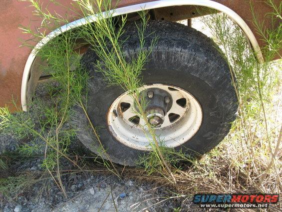 Rusty wheel well and tire overgrown with weeds