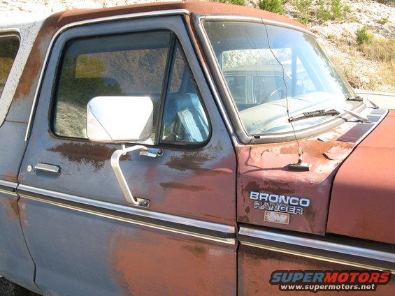 1979 Ford Bronco Ranger fender badge and side view of driver's door and window