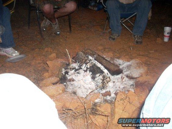 Campfire with logs and ash, surrounded by rocks and dry grass. People sit in chairs around the fire