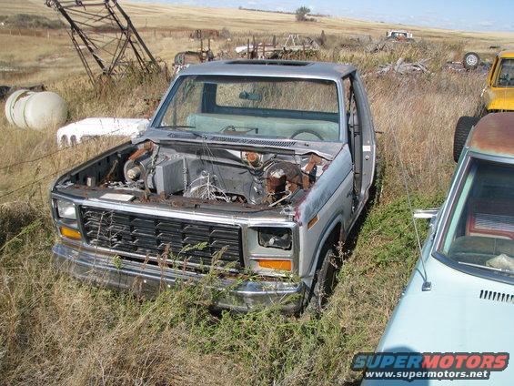 Pickup truck with hood open, sitting in tall grass next to another car. Junkyard setting
