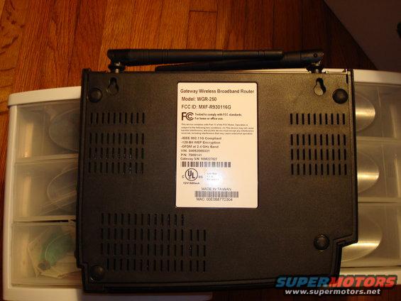 Back of a Gateway Wireless Broadband Router, model WGR-250, with FCC ID and MAC address visible