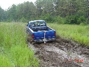 Blue 1995 Dodge 1500 pickup truck stuck in a muddy trail with trees in the background