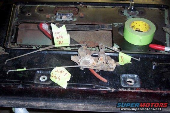 Door latch mechanism with yellow sticky notes labeling parts