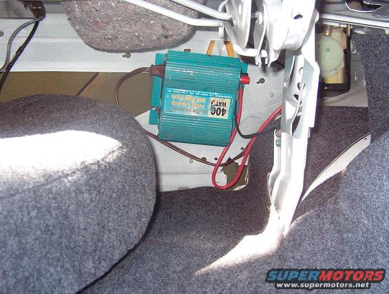 inverter.jpg I had this lying around now that I've gotten a 1kW for each of my vehicles, so this seems like a better place for it than my garage.  It's wired into the underhood fuse box at the unused ABS 50A MaxiFuse location, and I left that fuse loose in the box so the inverter isn't running when she doesn't need it.  The extension cord runs to the center bottom of the back seat so it's accessible to anyone.