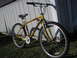 1994 Ford Probe - Gold Trek mountain bike with red grips, parked outdoors next to a building.
