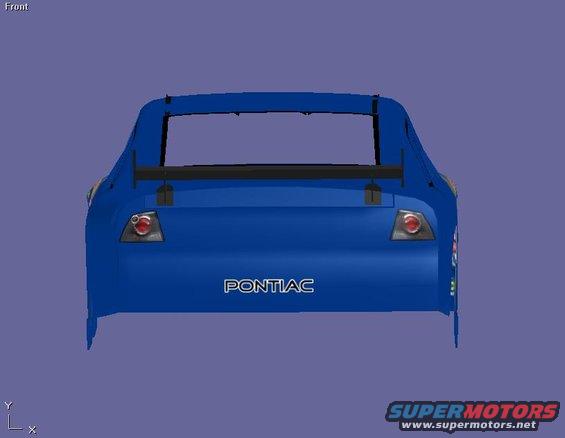 Blue Pontiac race car rear view with spoiler and "PONTIAC" text