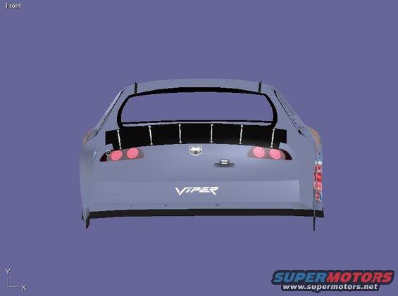 Rear view of a light blue Dodge Viper with a large black spoiler and Viper badging