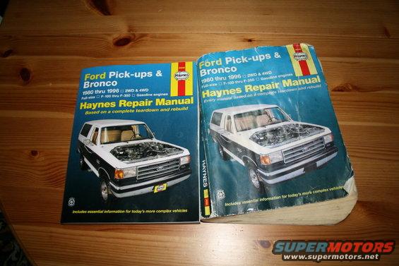 Two Haynes repair manuals for Ford Pick-ups & Bronco, showing diagrams of the vehicles with hoods open