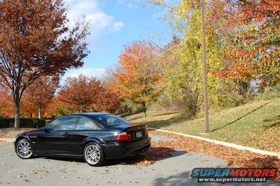 Black BMW M3 parked on a street with autumn leaves on the ground and trees with fall colors