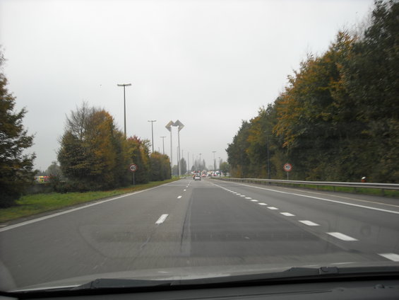 Driving on a highway with trees and streetlights. Two large abstract sculptures are visible in the distance