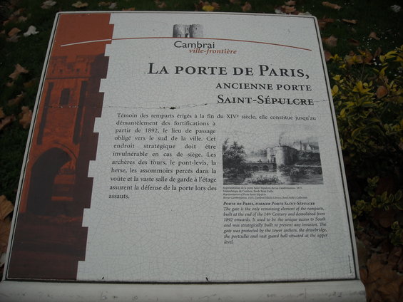 Sign for La Porte de Paris, Ancienne Porte Saint-Sépulcre in Cambrai