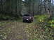 1989 Ford Bronco - Two SUVs navigate a wooded trail covered in fallen leaves. The lead vehicle is dark colored.