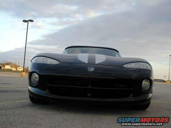 Black 1996 Dodge Viper front view with white racing stripes