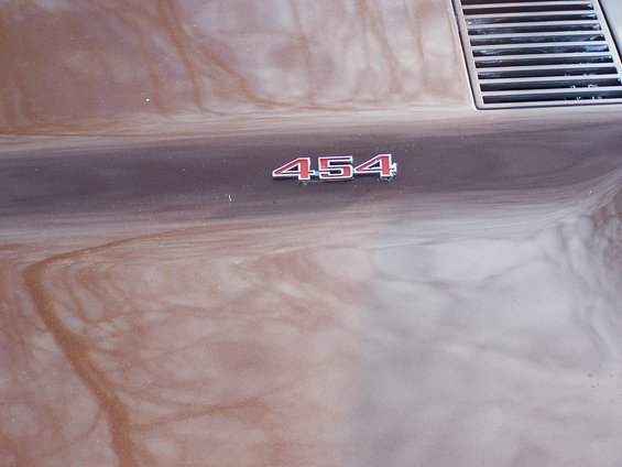 Red 454 emblem on a brown car hood with a vent visible