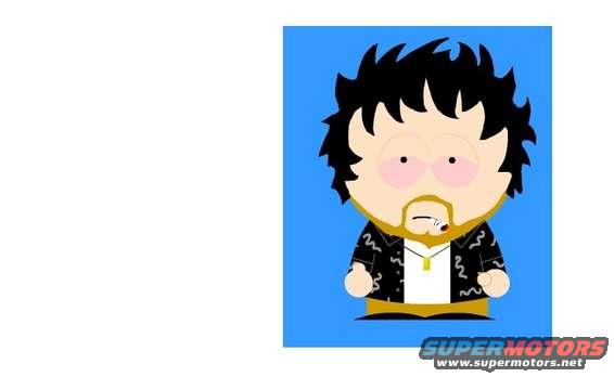 Cartoon character with black hair, beard, and cigarette, on blue background