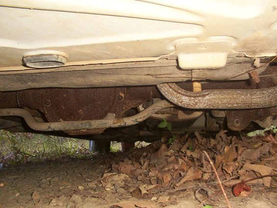 Underside view of a car showing a rusty rear differential and exhaust system, with some leaves on the ground