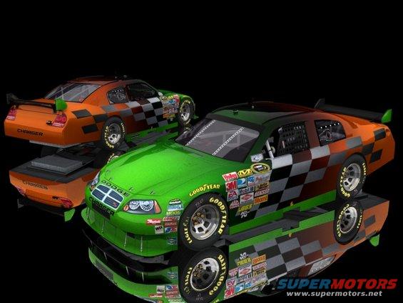 Two Dodge Charger race cars, one green and one orange, with checkered flag patterns and sponsor decals. The green car is in the foreground