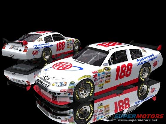 Two white NASCAR race cars with red and blue decals, one in front of the other. Both have the number 188 prominently displayed