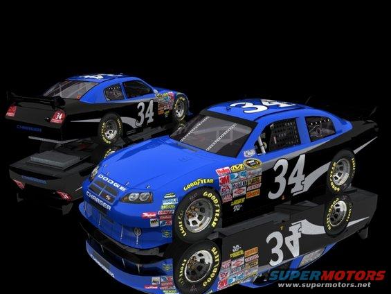 Blue and black Dodge Charger NASCAR race car with number 34