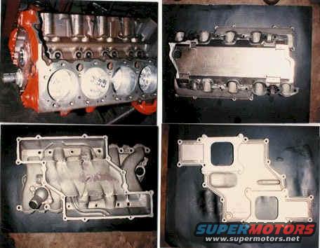 engine block with pistons visible, plus intake manifold and other engine parts