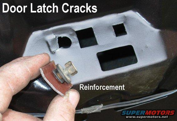 doorlatchcracks.jpg Because of a defect in the inside handle assembly & another in the latch built for cable operation (both recalled), the '92-96 door skin is prone to crack where its single U-nut attaches.  A small reinforcement like this will prevent or stop the damage, and a slightly larger one will repair it if the damage is worse.

[url=http://www.supermotors.net/registry/media/962615][img]http://www.supermotors.net/getfile/962615/thumbnail/doorreinf.jpg[/img][/url]

For '92-96 doors (cable to inside handle), see this recall:
[url=https://www.supermotors.net/registry/media/478846][img]https://www.supermotors.net/getfile/478846/thumbnail/fsa92s42doorlatchseal.jpg[/img][/url]

SEE THE PREVious PIC...