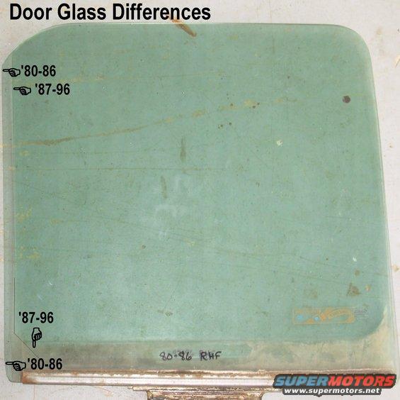 doorglasses.jpg Door Glass Differences
FRONT IS LEFT

The divider bar (back of the vent window frame) is deeper for '87-96, and the glass is correspondingly shorter front-to-back.  The weatherbelts (inner & outer) are also sized to match the divider bar.

For more info, see this:
[url=http://www.supermotors.net/vehicles/registry/media/687492][img]http://www.supermotors.net/getfile/687492/thumbnail/doorwindowspacer.jpg[/img][/url]