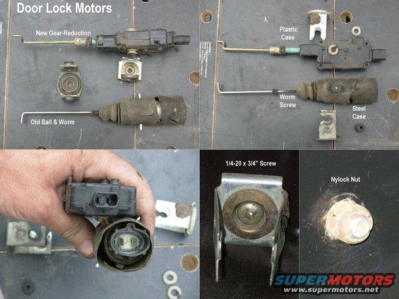 lkmtrs.jpg Lock Motor Differences
IF THE IMAGE IS TOO SMALL, click it.

The early lock motors are prone to water intrusion; both in the motor itself, and in the spiral BB mechanism, causing poor performance, high current draw, & eventual failure.  They were used in F-series/Bronco FRONT doors until '91, and crew-cab REAR doors until '97.

But by changing the connector & the mounting bracket, the later motor can be swapped in.  It's possible to R&I the early motor simply by accessing the door interior.  But for the later motor (with Z-bent pushrod), the door latch must also come out.