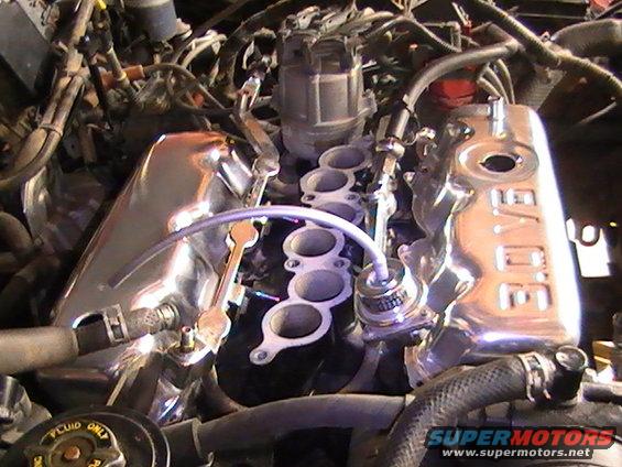 Engine bay with chrome valve covers that say 3.0 V6. Lots of wires and hoses