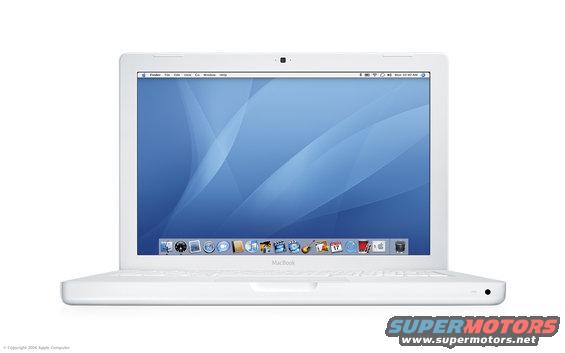 White MacBook laptop with blue wallpaper and dock visible on screen