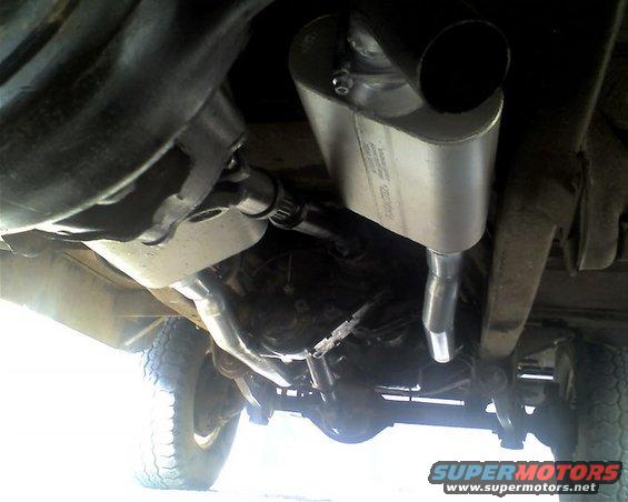 Undercarriage view of a vehicle's exhaust system and drivetrain