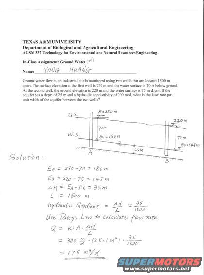 Diagram showing groundwater flow between two wells with calculations