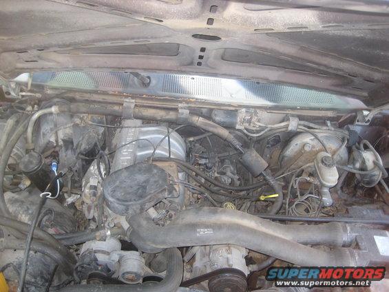 Engine bay with hoses, wires, and engine components visible