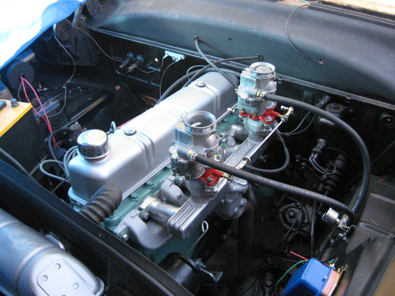 Engine with dual carburetors and silver valve cover