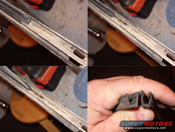 sliderrun.jpg I've found a replacement glass run for the factory slider windows, and it's a Ford part! :D  It comes from the sliding side windows of an Aerostar.  After cutting the one outer lip off, it's 3/8"W x 5/8"H, so it's recessed in the channel ~1/8".

The top L pic is the unmodified run in the channel, but it doesn't touch the bottom because of the extra lip.  Top R is after cutting the lip off & pushing the run all the way down.  Lower L is with the glass in place.  Lower R is the uncut section compared to the cut section.